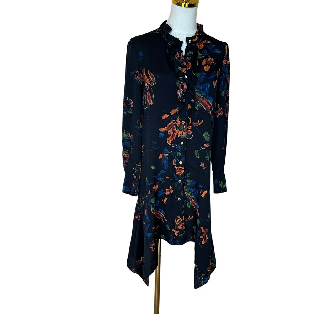 Tory Burch Black Floral Asymmetric Shirt Dress Size 0 Mini Career Designer $498 - Picture 4 of 11